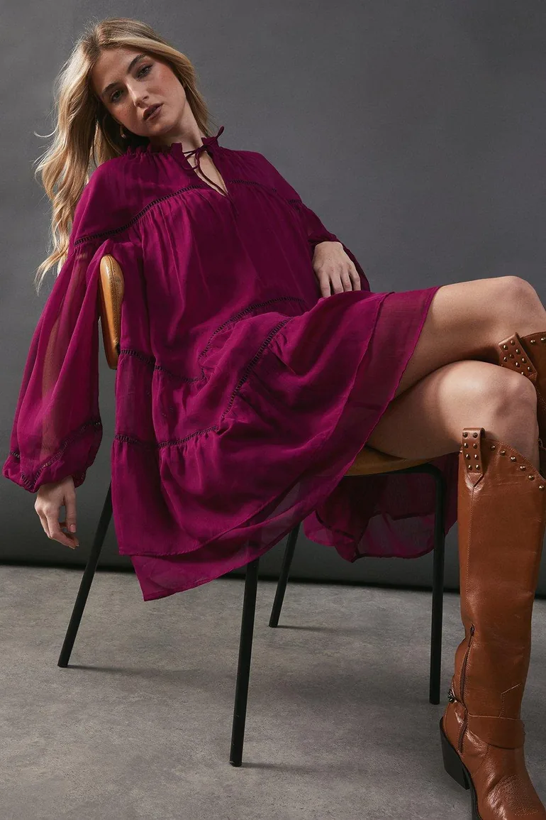 Chiffon Ladder Insert Ruffle Smock Mini Dress - 1