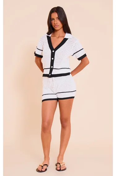 Petite White Knitted Crochet Drawstring Shorts