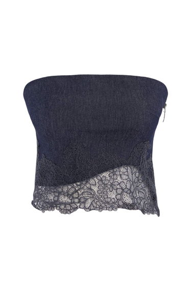 Limited Edition Indigo Lace Detailed Strapless Woven Gabardine Blouse