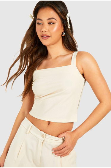 Pinstripe Drape Shoulder Square Neck Top - sand
