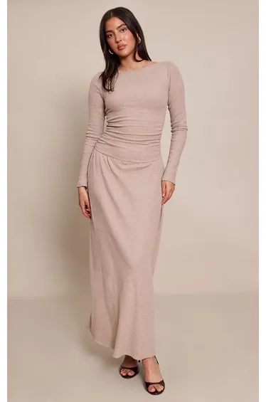Taupe Long Sleeve Asymmetric Drop Hem Maxi Dress