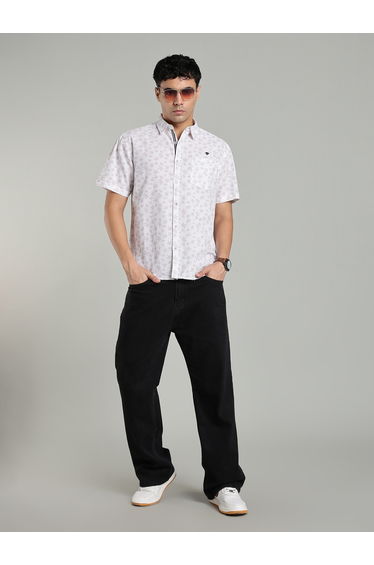 Men White Leaf Print Linen Cotton Shirt