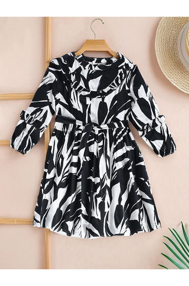 Abstract Print Mandarin Collar Cotton Dress with Ruffle Trim