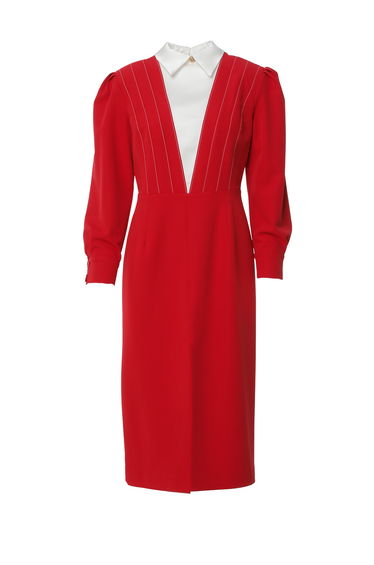 Shirt Collar Detailed Red Midi Dress