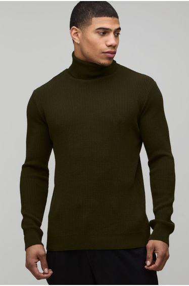 Muscle Fit Ribbed Roll Neck Knitted Jumper - olive