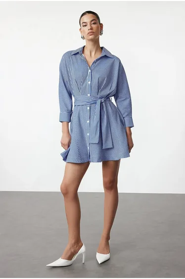 Blue Striped Belted Stripe Patterned Shirt Woven Dress