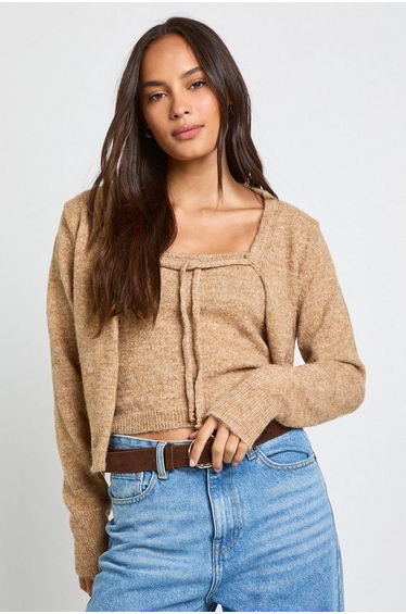 Knitted Tie Front Cardigan and Cami Top Set - camel