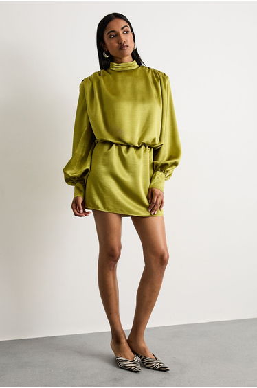 Extreme Shoulder Draped Satin Mini Dress