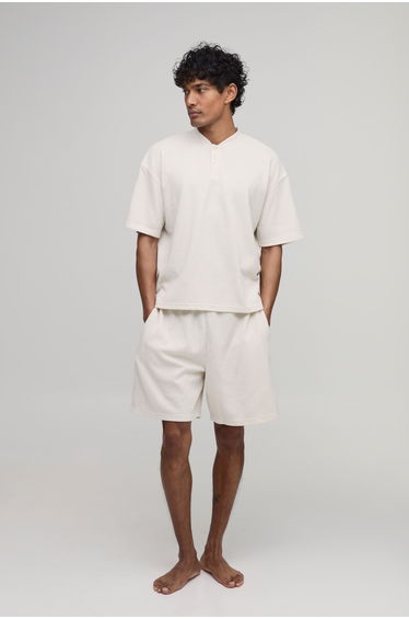 Oversized Boxy Waffle Henley T-Shirt & Baggy Lounge Set - ecru