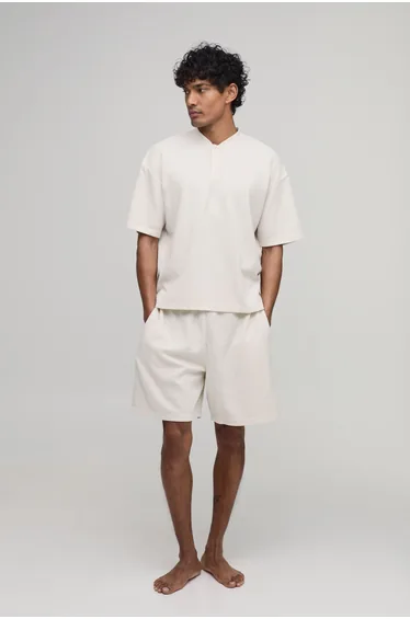 Oversized Boxy Waffle Henley T-Shirt & Baggy Lounge Set - ecru