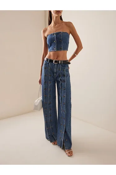 High Waisted Buttoned No Belt Split-Joint Jean Pants Bottoms
