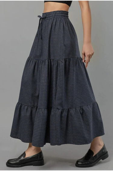 Elastic Waist Check Knotted Tiered Maxi Skirt