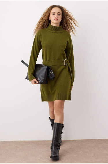 Khaki Plain Short / Mini Soft Texture Belt Detailed Short / Mini Knit Dress