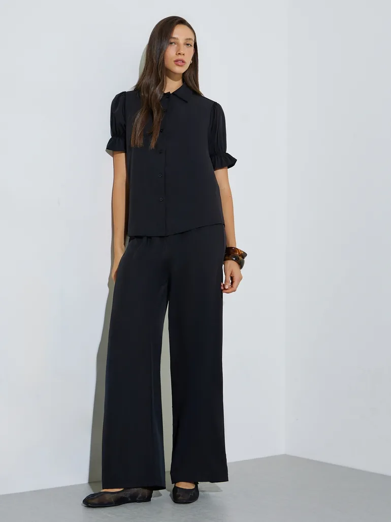 Black Solid Cuffed Sleeve Top and Wide Leg Pants Set