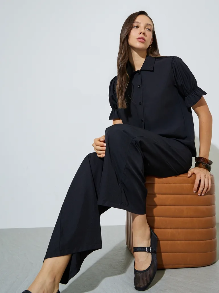 Black Solid Cuffed Sleeve Top and Wide Leg Pants Set - 1