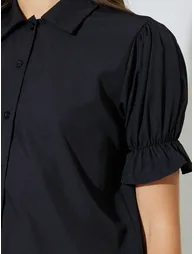 Black Solid Cuffed Sleeve Top and Wide Leg Pants Set - 3