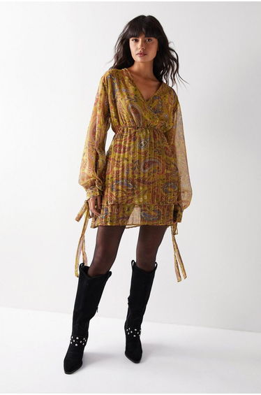 Paisley Print V Neck Chiffon Pleated Mini Dress
