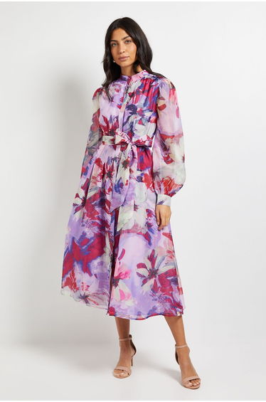 Floral Print Organza Midi Shirt Dress