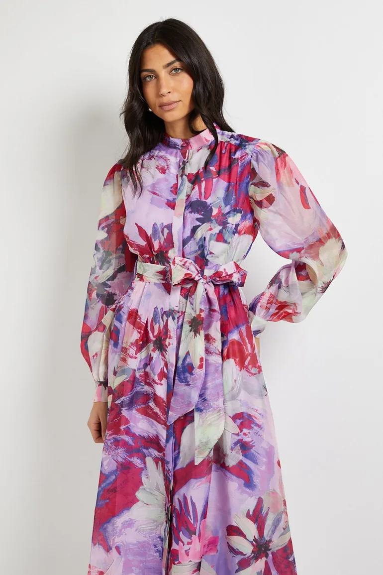 Floral Print Organza Midi Shirt Dress - 1