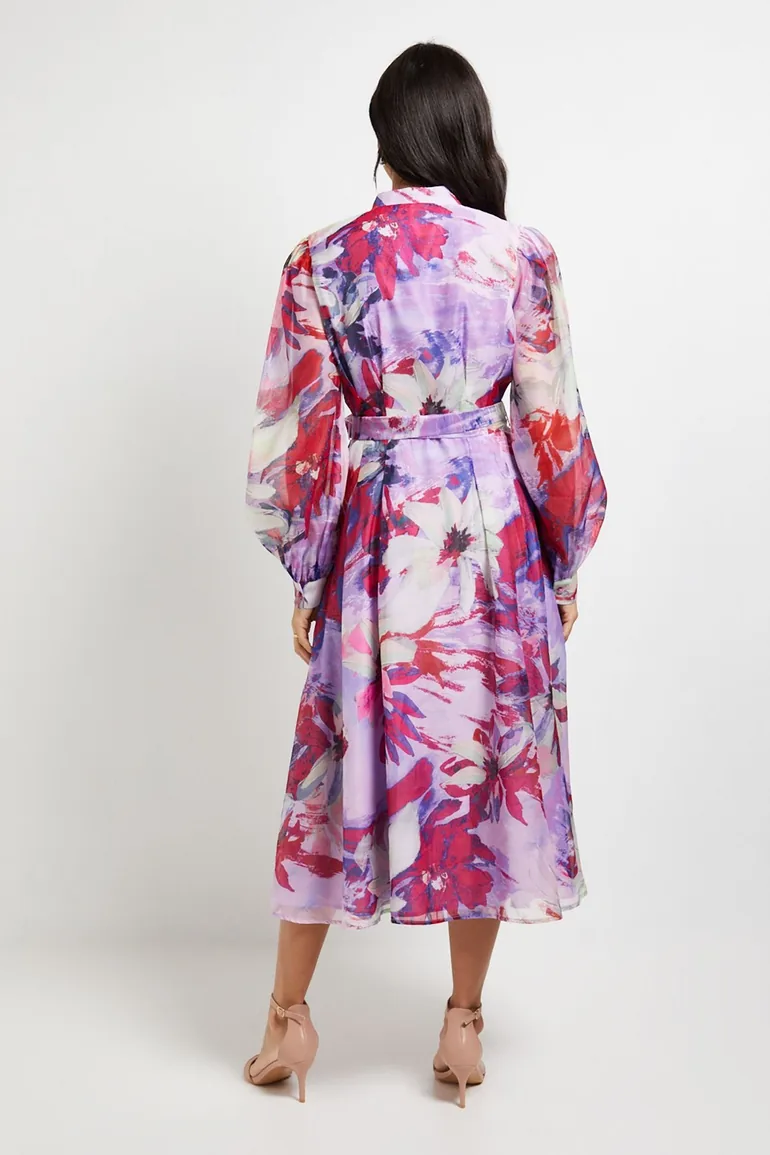 Floral Print Organza Midi Shirt Dress - 2