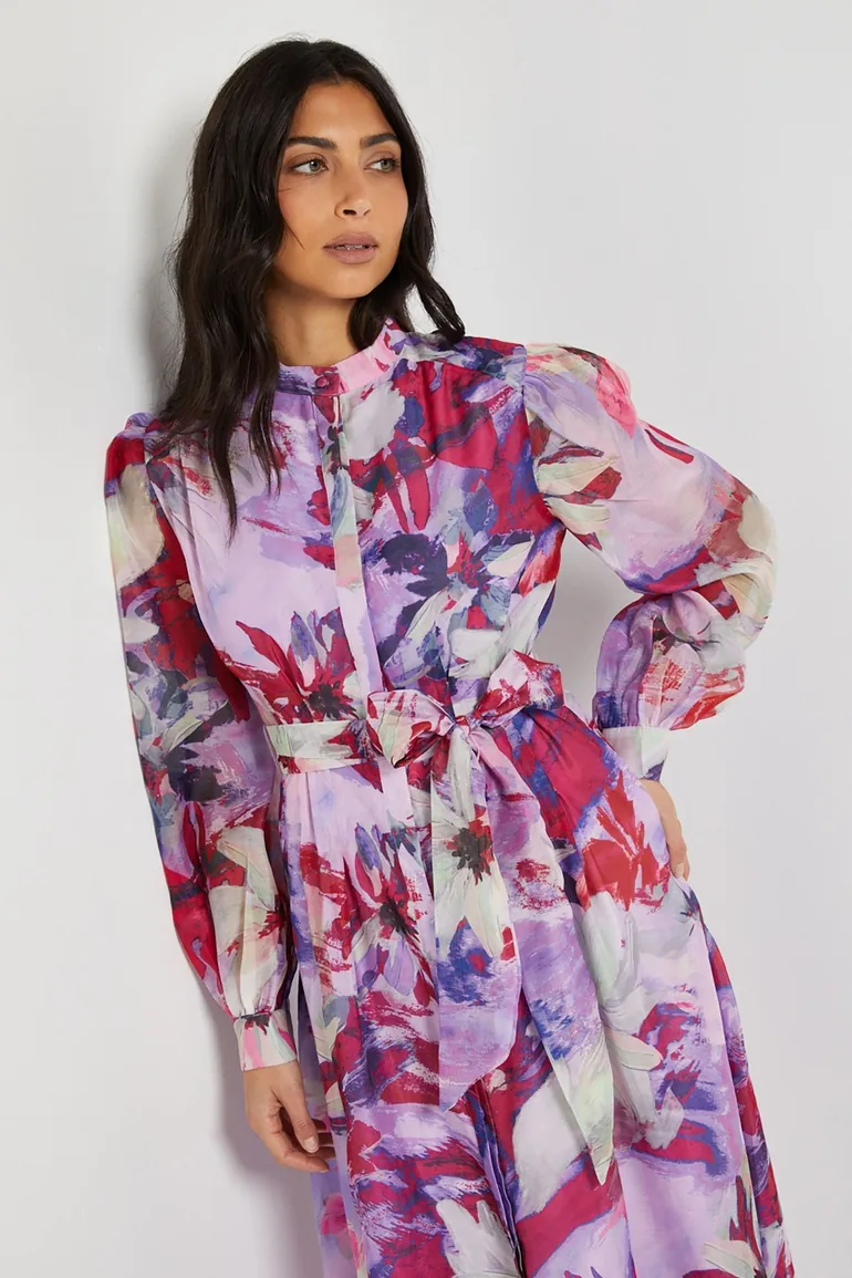 Floral Print Organza Midi Shirt Dress - 3