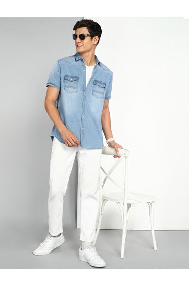 Men Light Blue Denim Buttoned Shirt