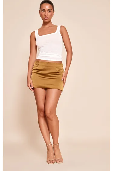 Dark Chartreuse Textured Satin A Line Mini Skirt