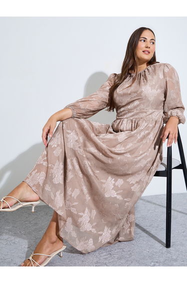 Plus Size Beige Floral Print Jacquard A-Line Maxi Dress