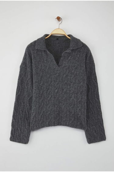 Wardrobe Essentials Anthracite Woolen Soft Textured Loose Knit Sweater |