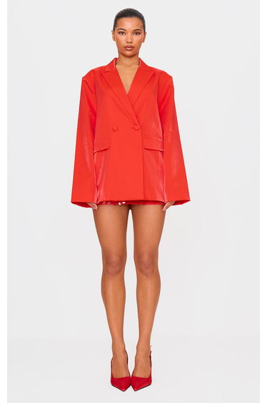 Red Satin Look Oversized Curved Hem Boxy Blazer