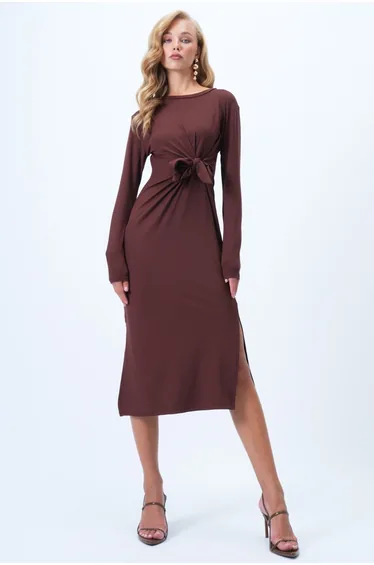 Women's Bitter Brown Crew Neck Lacing Detailed Double Slit Sandy Dress