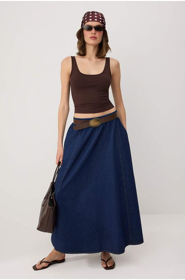Navy Blue Flared Maxi Denim Skirt