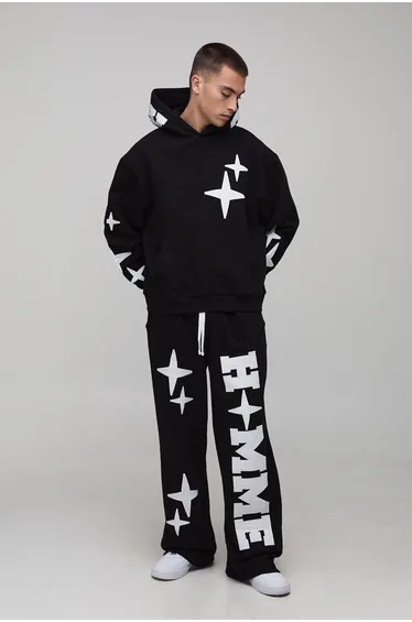 Oversized Boxy Homme Applique Hoodie And Wide Leg Jogger Tracksuit - black
