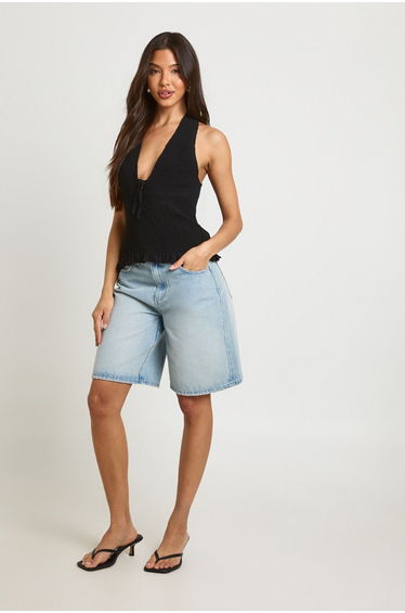 Tie Front Shirred Halterneck Top - black
