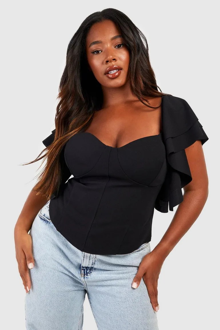 Plus Ruffle Sleeve Corset Top - black - 2