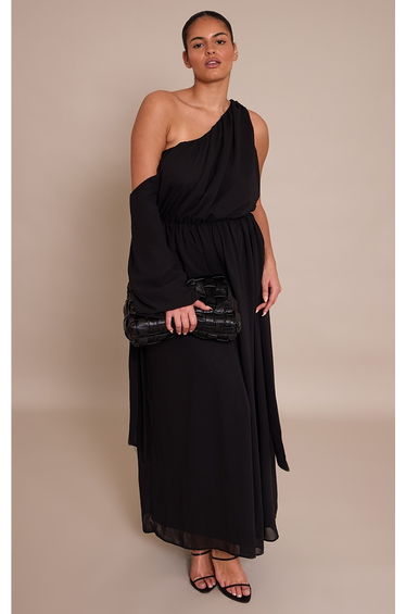 Plus Black Chiffon Drape Long Sleeve Maxi Dress