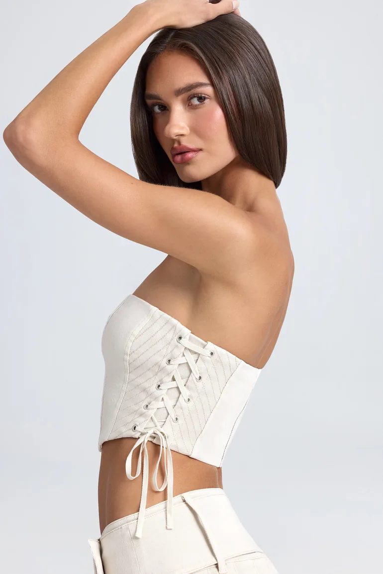 Bandeau Lace-Up Corset Crop Top in Ecru - 2