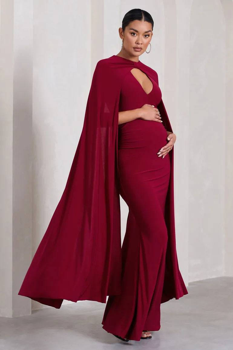 Standing Ovation | Berry Plunge-Neck Cape Maternity Maxi Dress - 2