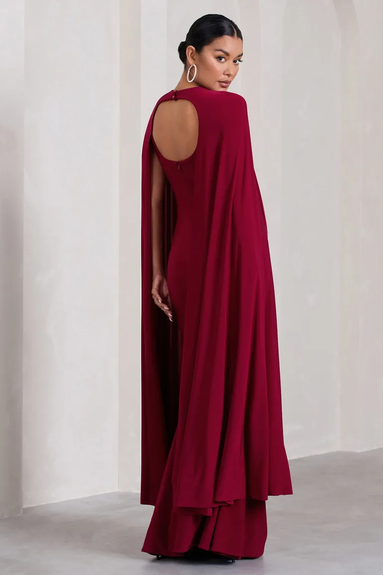 Standing Ovation | Berry Plunge-Neck Cape Maternity Maxi Dress - 4