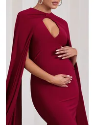 Standing Ovation | Berry Plunge-Neck Cape Maternity Maxi Dress - 1