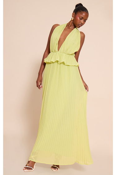 Lime Plisse Halterneck Frill Detail Maxi Dress