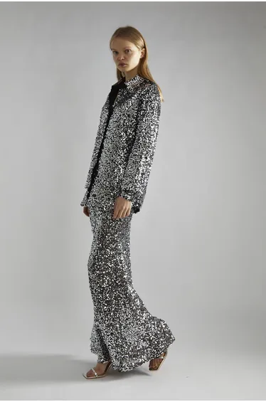 Black-Silver Sequin Bias-Cut Maxi-Skirt