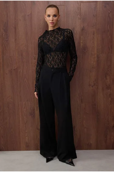 Black Fitted Raglan Sleeve Lace Long Sleeve Flexible Knitted Blouse