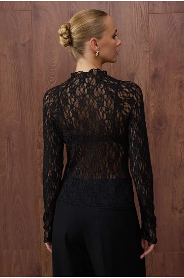Black Fitted Raglan Sleeve Lace Long Sleeve Flexible Knitted Blouse