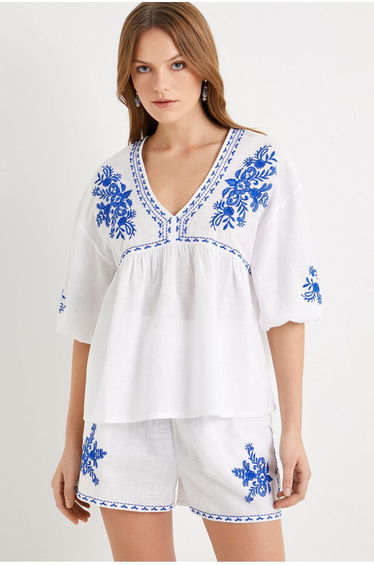 Balloon Sleeve Blouse V Neck Floral Embroidered Cotton