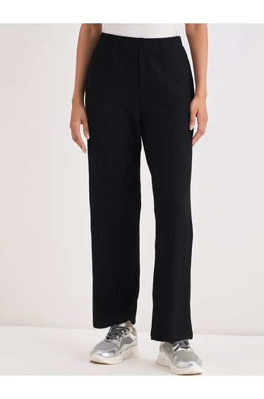 Women Black Waffle Knit Trousers