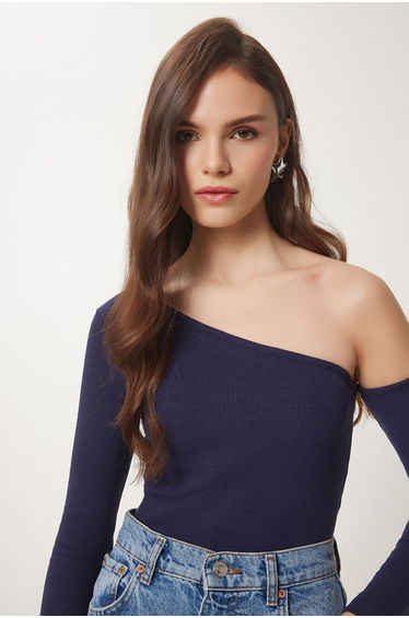Women's Navy Blue Open Shoulder Corduroy Knitted Blouse
