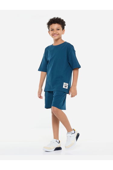Boys Teal Panelled Oversized T-Shirt and Shorts Set