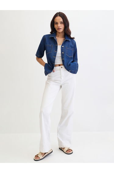 Navy Blue Denim Short Sleeves Shirt
