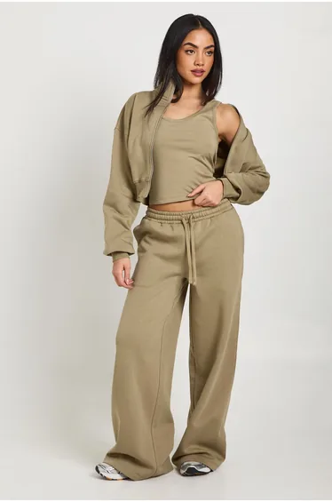 Funnel Neck Zip Through 3 Piece Straight Leg Tracksuit - washed khaki